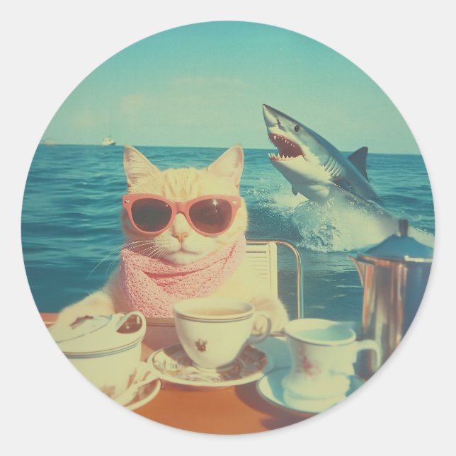Stylish Cat’s Ocean Tea Party Classic Round Sticker (Front)