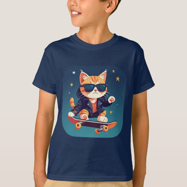 Stylish Cat Skateboarding T-Shirt (Front)