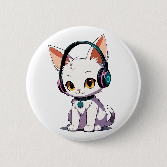 Stylish Cat Wearing Headphones 6 Cm Round Badge (Front)