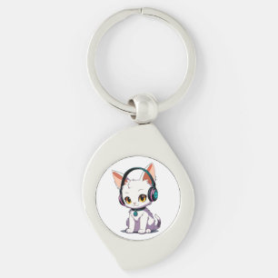 Stylish Cat Wearing Headphones Key Ring