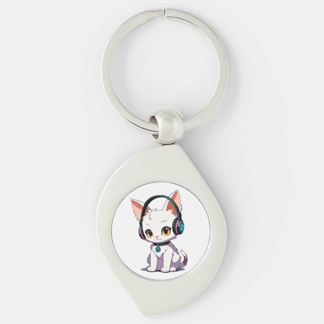 Stylish Cat Wearing Headphones Key Ring (Front)