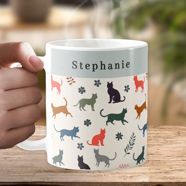 Stylish Cats Pattern Personalised Coffee Mug (A personalized coffee mug, with a pattern of cat silhouettes in warm and neutral colors)