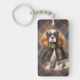 Stylish Cavalier King Charles Dog and Plaid Key Ring