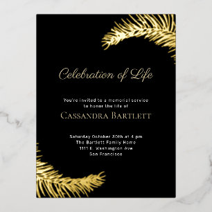 Stylish Celebration of Life Black  Gold Leaves Foil Invitation Postcard