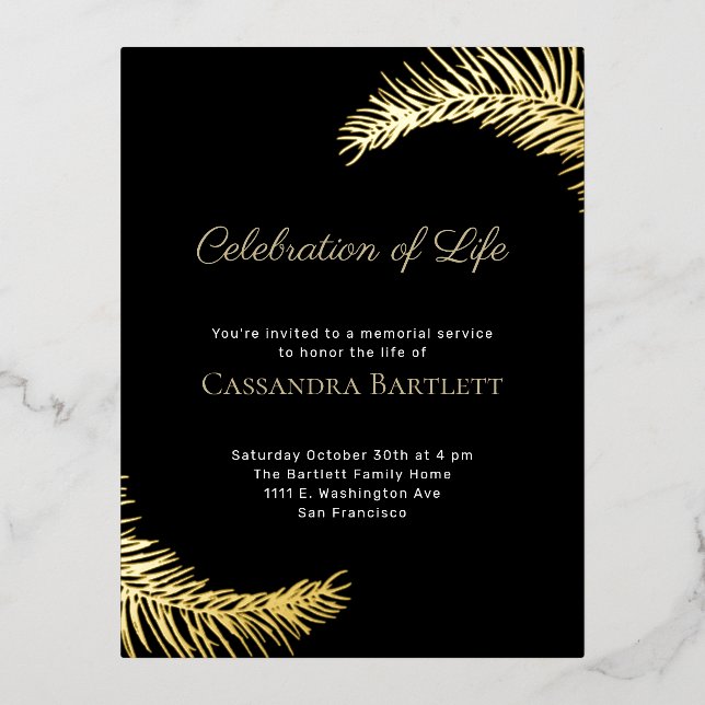 Stylish Celebration of Life Black  Gold Leaves Foil Invitation Postcard (Front)