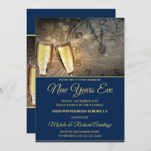 Stylish Champagne and Clock New Years Invitation