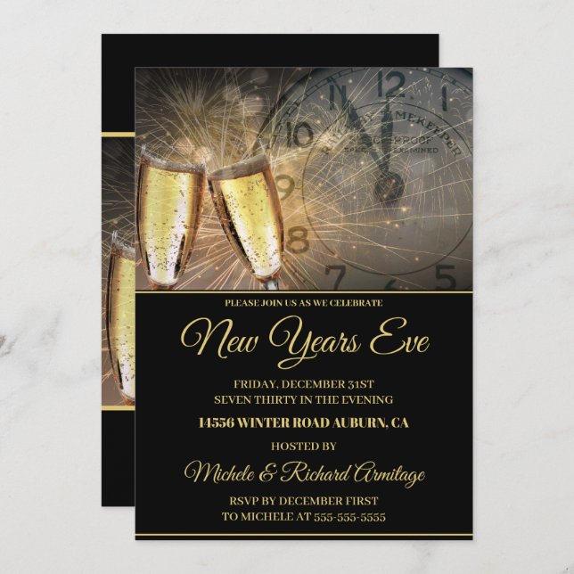 Stylish Champagne and Clock New Years Invitation (Front/Back)