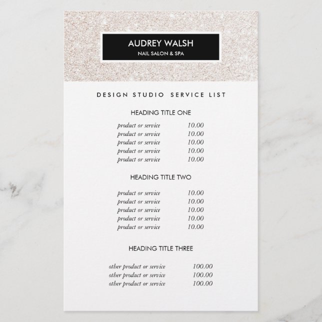 Stylish Champagne pink Salon Pricing & Services Flyer (Front)