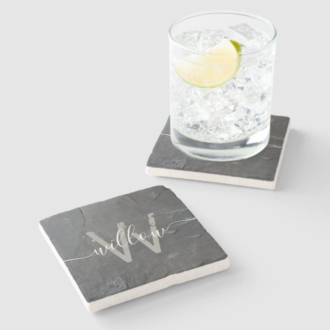 Stylish Charcoal Grey Stone Script Monogram Coaster (Side)