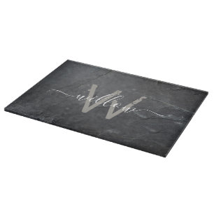 Stylish Charcoal Grey Stone Script Monogram Cutting Board