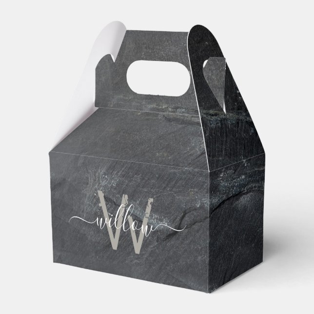 Stylish Charcoal Grey Stone Script Monogram Favour Box (Front Side)