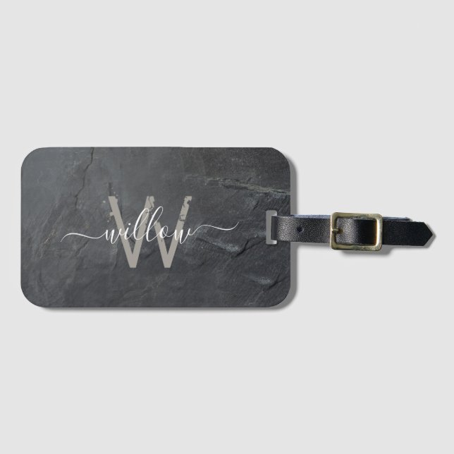 Stylish Charcoal Grey Stone Script Monogram Luggage Tag (Front Horizontal)