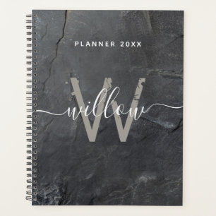 Stylish Charcoal Grey Stone Script Monogram Planner
