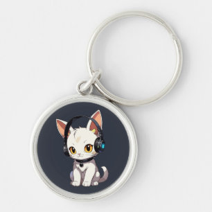 Stylish Charming Cat in Headphones Key Ring