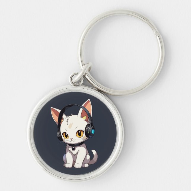 Stylish Charming Cat in Headphones Key Ring (Front)
