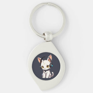 Stylish Charming Cat in Headphones Key Ring