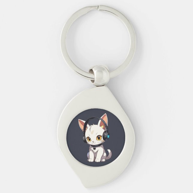 Stylish Charming Cat in Headphones Key Ring (Front)