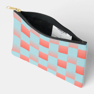 Stylish chequered gradient powder blue coral pink accessory pouch