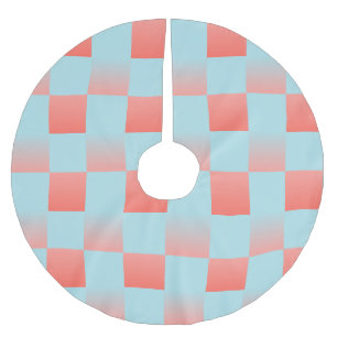 Stylish chequered gradient powder blue coral pink brushed polyester tree skirt