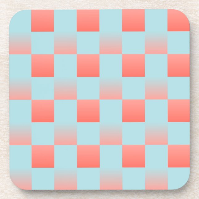 Stylish chequered gradient powder blue coral pink coaster (Front)