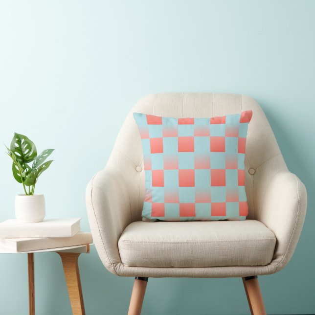 Stylish chequered gradient powder blue coral pink cushion (Chair)