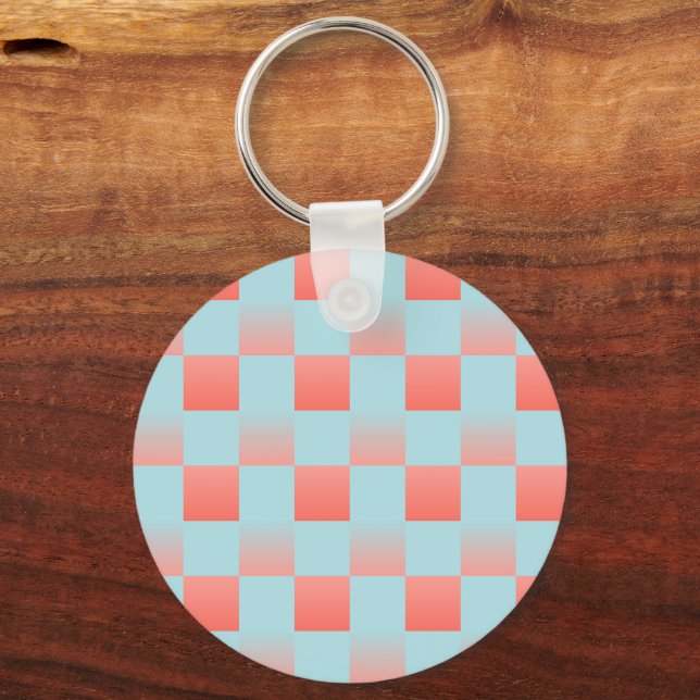 Stylish chequered gradient powder blue coral pink key ring (Front)