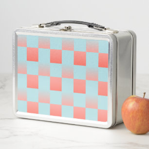 Stylish chequered gradient powder blue coral pink metal lunch box