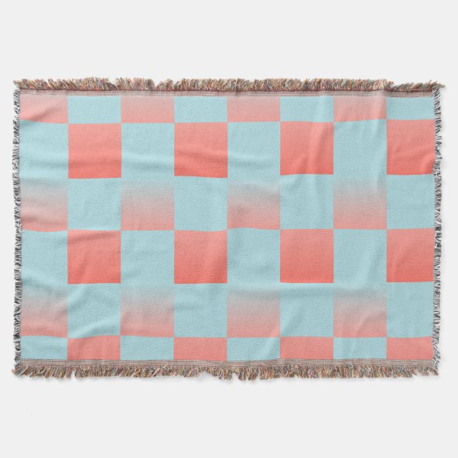 Stylish chequered gradient powder blue coral pink throw blanket (Front)