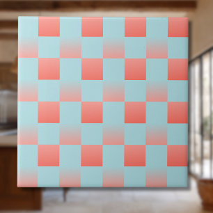 Stylish chequered gradient powder blue coral pink tile