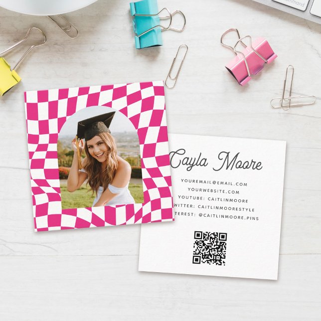 Stylish Chequered Social Media or Graduation Photo Square Business Card (Creator Uploaded)