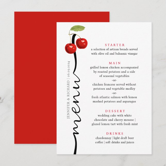 Stylish Cherries Red White Rustic Fruits Wedding Menu (Front/Back)