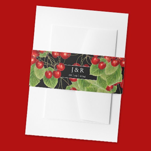 Stylish Cherry Black Wedding Initials Monogram   Invitation Belly Band (Creator Uploaded)
