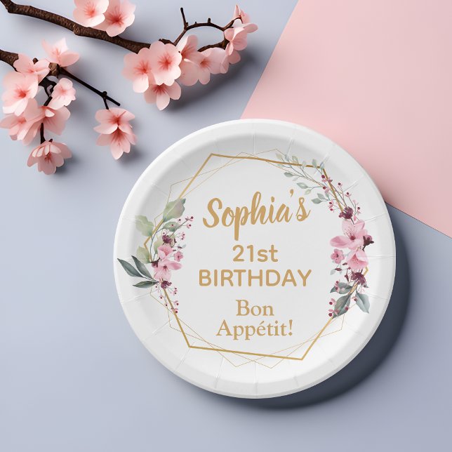 Stylish Cherry Blossom 21st Birthday Paper Plates (Elegance on Your Plate, Bliss on Your Budget! 🌸💛)