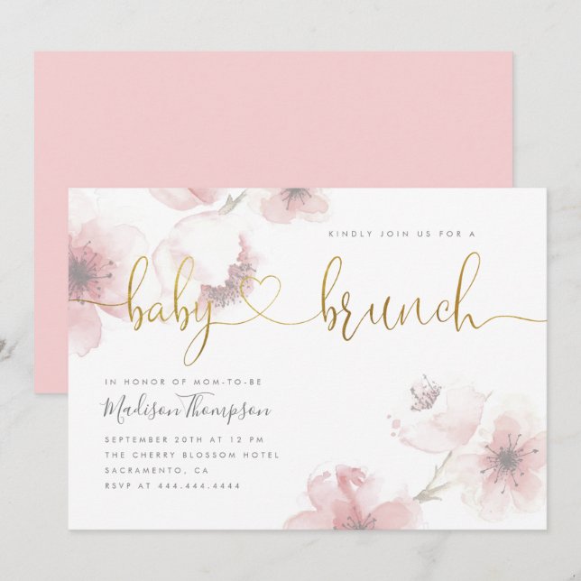 Stylish Cherry Blossom Gold Baby Brunch Shower Invitation (Front/Back)