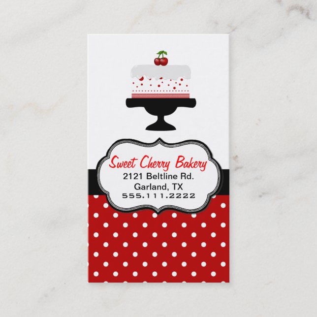 Stylish Cherry Cake Custom Bakery Business Card (Front)