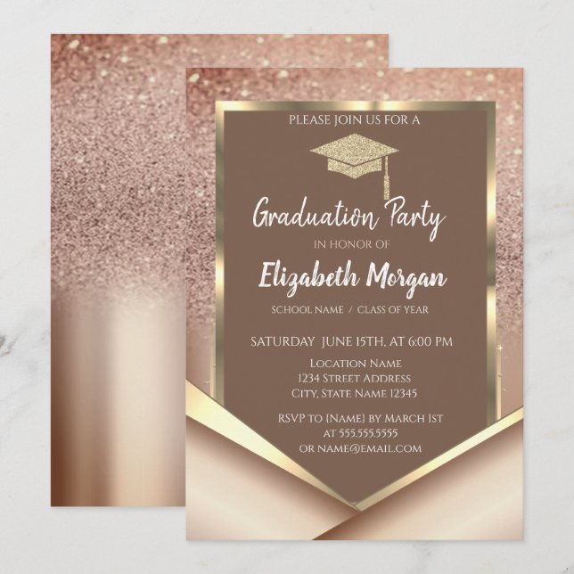Stylish Chesnut Glitter  Diamonds Graduation Invitation (Front/Back)