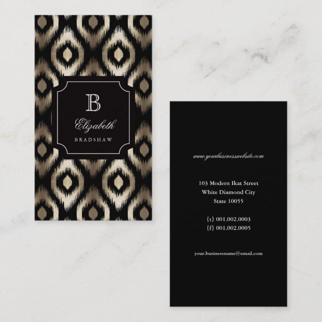 Stylish Chic Black Gold Foil Diamond Ikat Monogram Business Card (Front/Back)