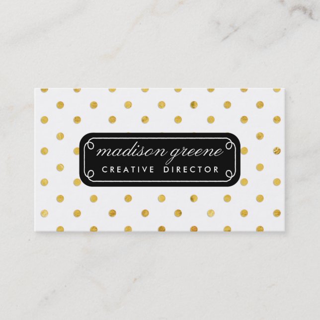 Stylish Chic Black & Gold Polka Dots Custom Business Card (Front)