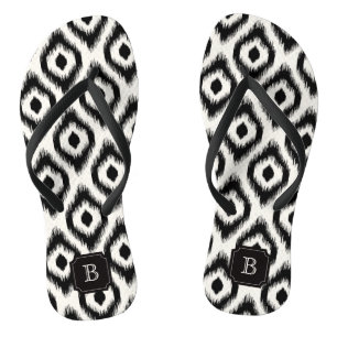 Stylish Chic Black Ivory Diamond Ikat Monogram Flip Flops