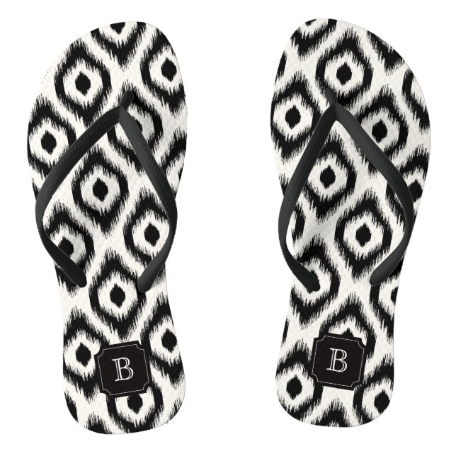 Stylish Chic Black Ivory Diamond Ikat Monogram Flip Flops (Footbed)