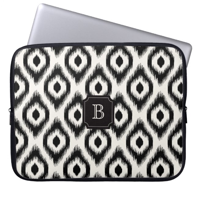 Stylish Chic Black Ivory Diamond Ikat Monogram Laptop Sleeve (Front)