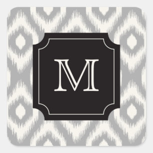 Stylish Chic Black Ivory Diamond Ikat Monogram Square Sticker