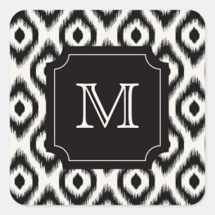 Stylish Chic Black Ivory Diamond Ikat Monogram Square Sticker