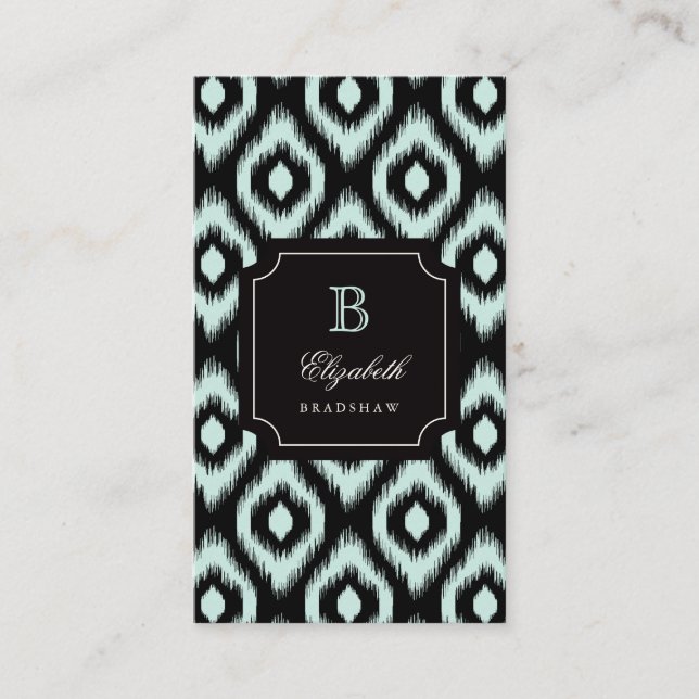 Stylish Chic Black Mint Diamond Ikat Monogram Business Card (Front)