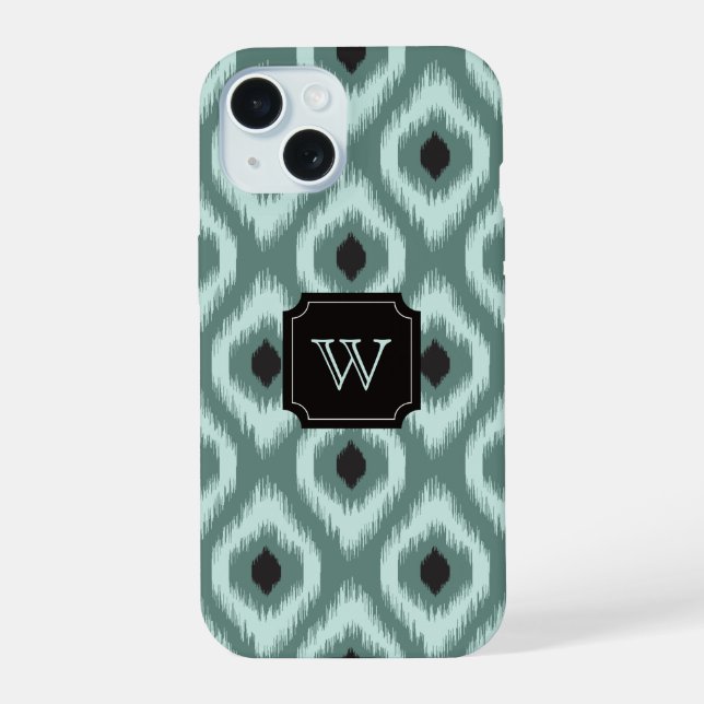 Stylish Chic Black Mint Diamond Ikat Monogram iPhone 15 Case (Back)