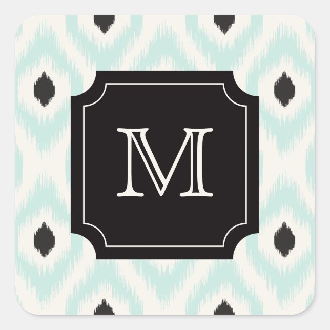 Stylish Chic Black Mint Diamond Ikat Monogram Square Sticker (Front)