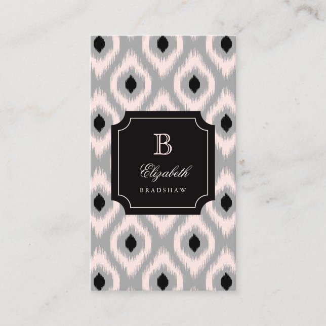 Stylish Chic Black Pink Diamond Ikat Monogram Business Card (Front)