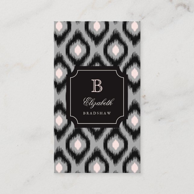 Stylish Chic Black Pink Diamond Ikat Monogram Business Card (Front)