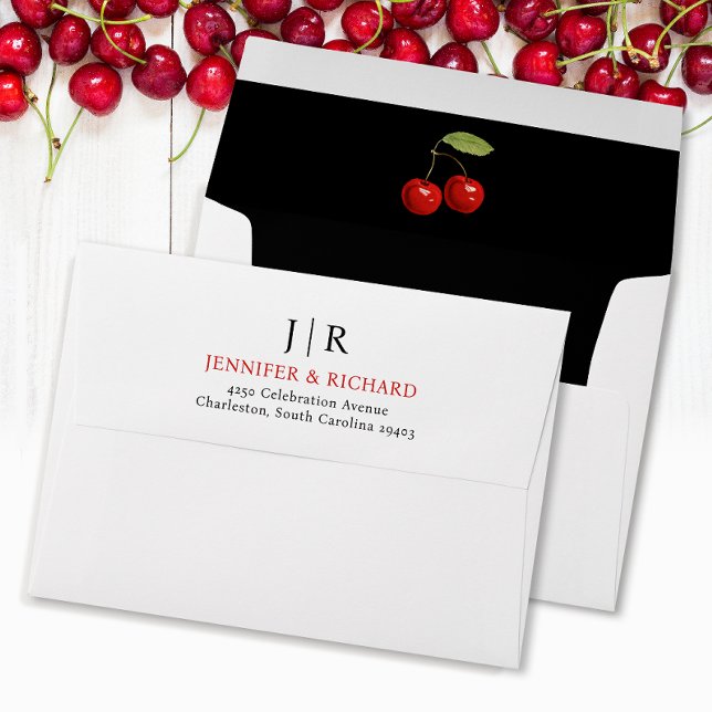 Stylish Chic Black White Red Chery Fruits Wedding Envelope (Creator Uploaded)