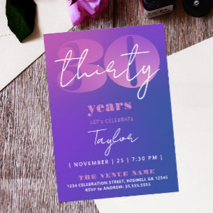 Stylish Chic Blu Purple Pink 30th Fifty Ombre Typo Invitation